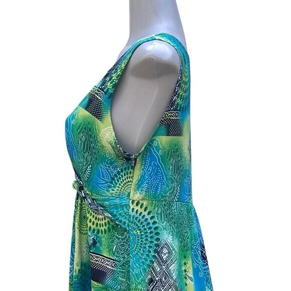 Maxi Dress Women's Medium Blue Green Abstract Mix Print Surplice Neck Sleeveless - Picture 11 of 14